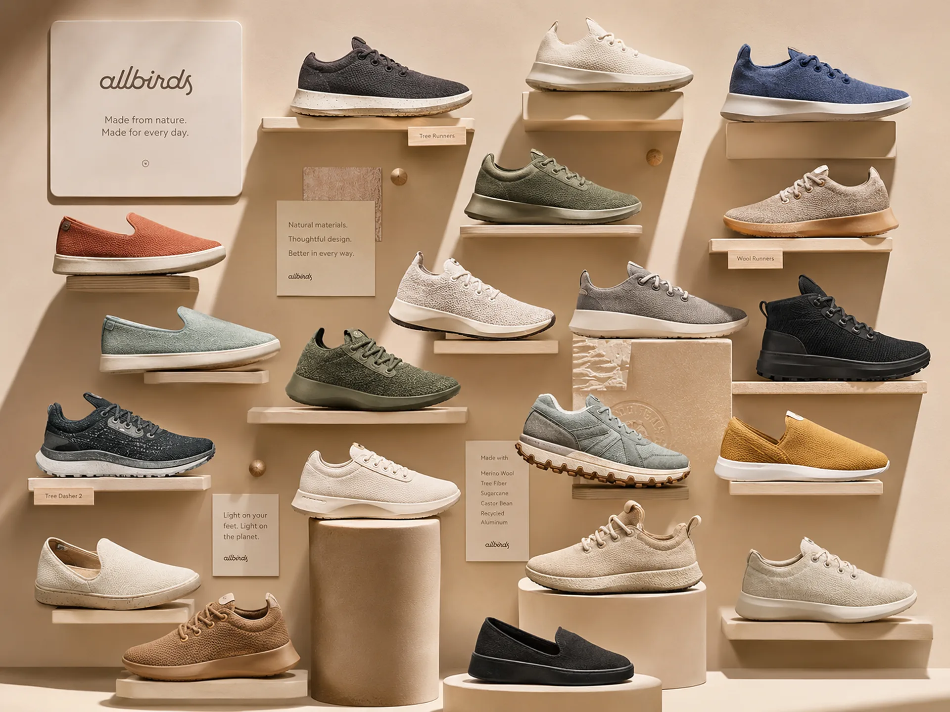 Allbirds — Retail wall displaying the range on natural plinths