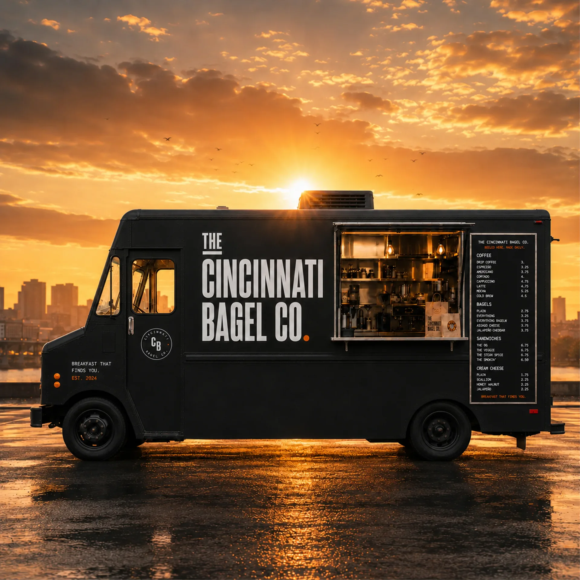 The Cincinnati Bagel Co. black delivery truck glowing at sunset on a wet street