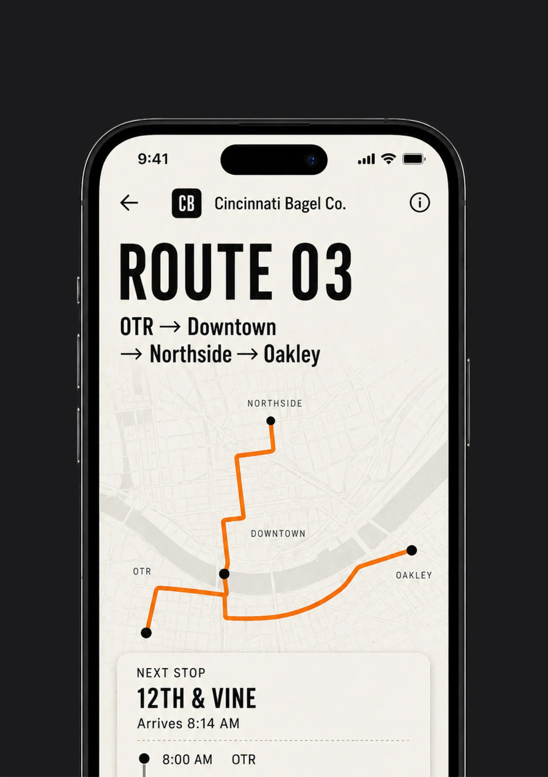 The Cincinnati Bagel Co. Route 03 app screen with an orange delivery map