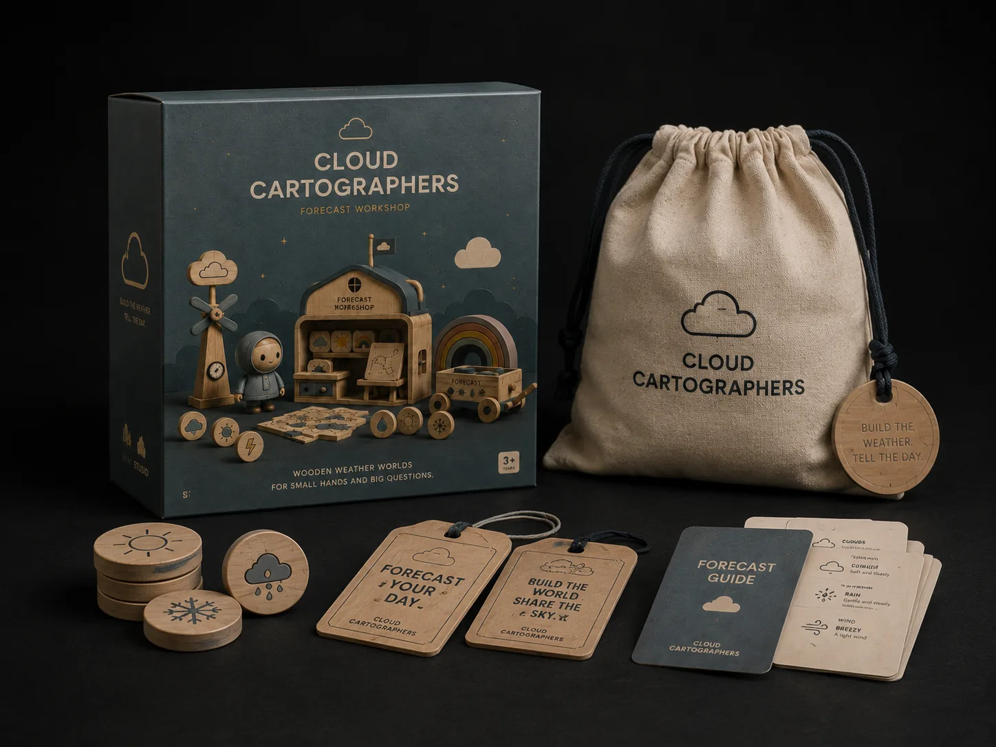 Cloud Cartographers packaging artifacts including box, fabric bag, weather tokens, printed cards, and hanging tag