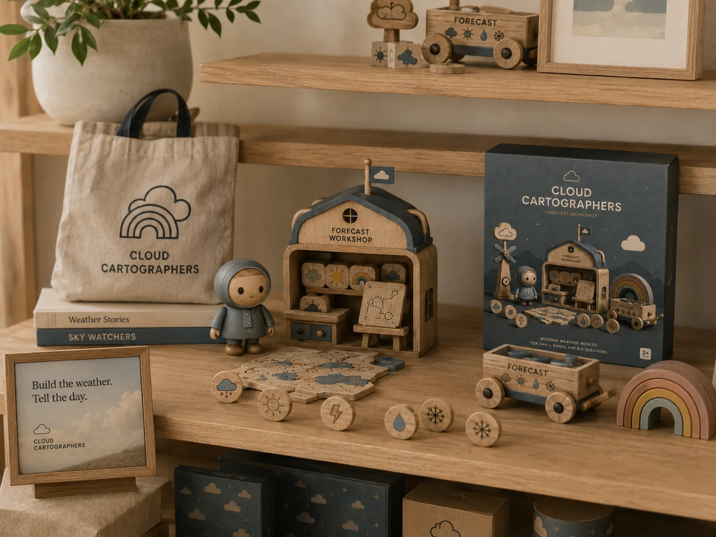 Cloud Cartographers retail display with toys, tote, packaging, framed art, and nursery shelf styling