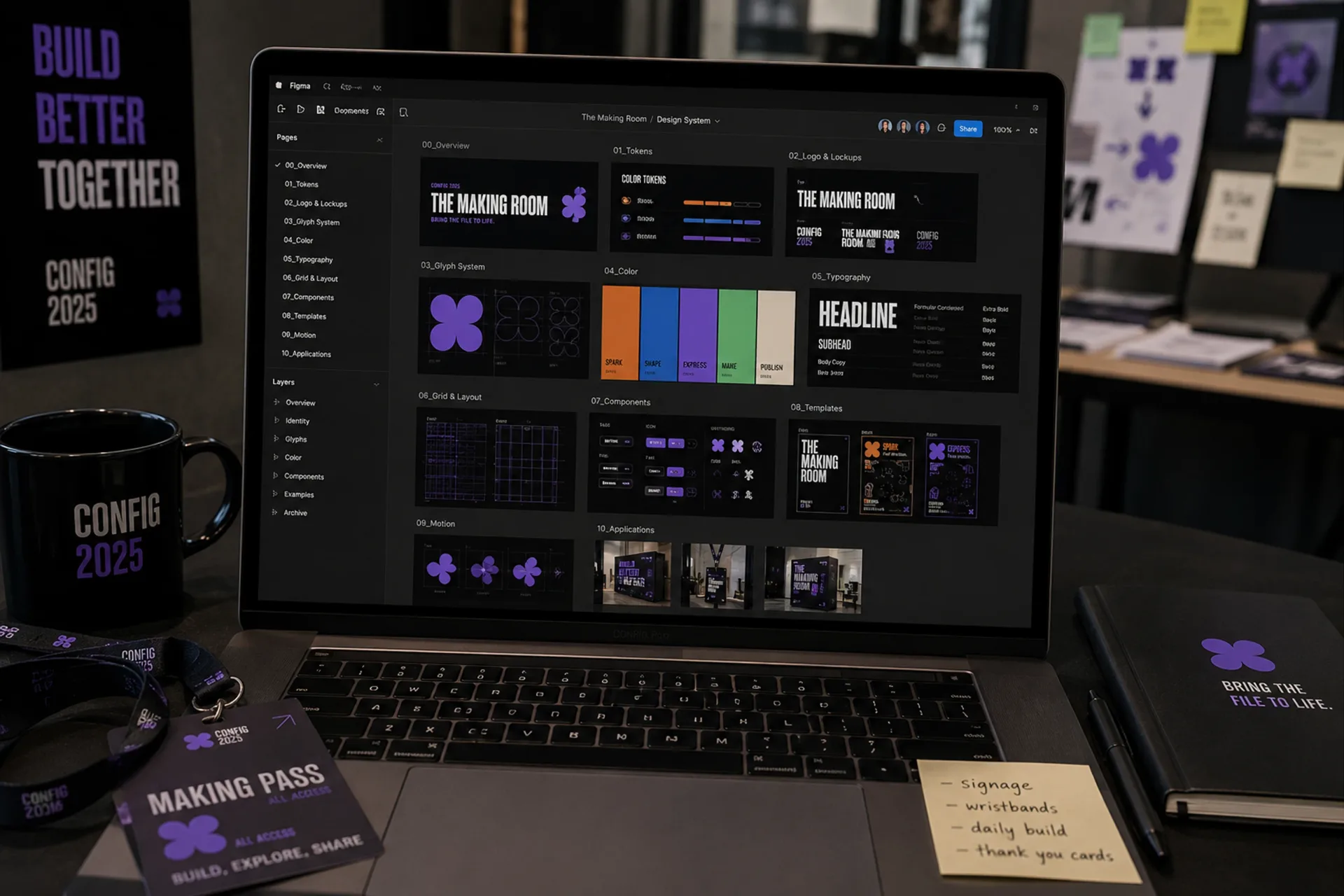 Config 2025 builder interface on a laptop beside a Making Room pass and workshop materials