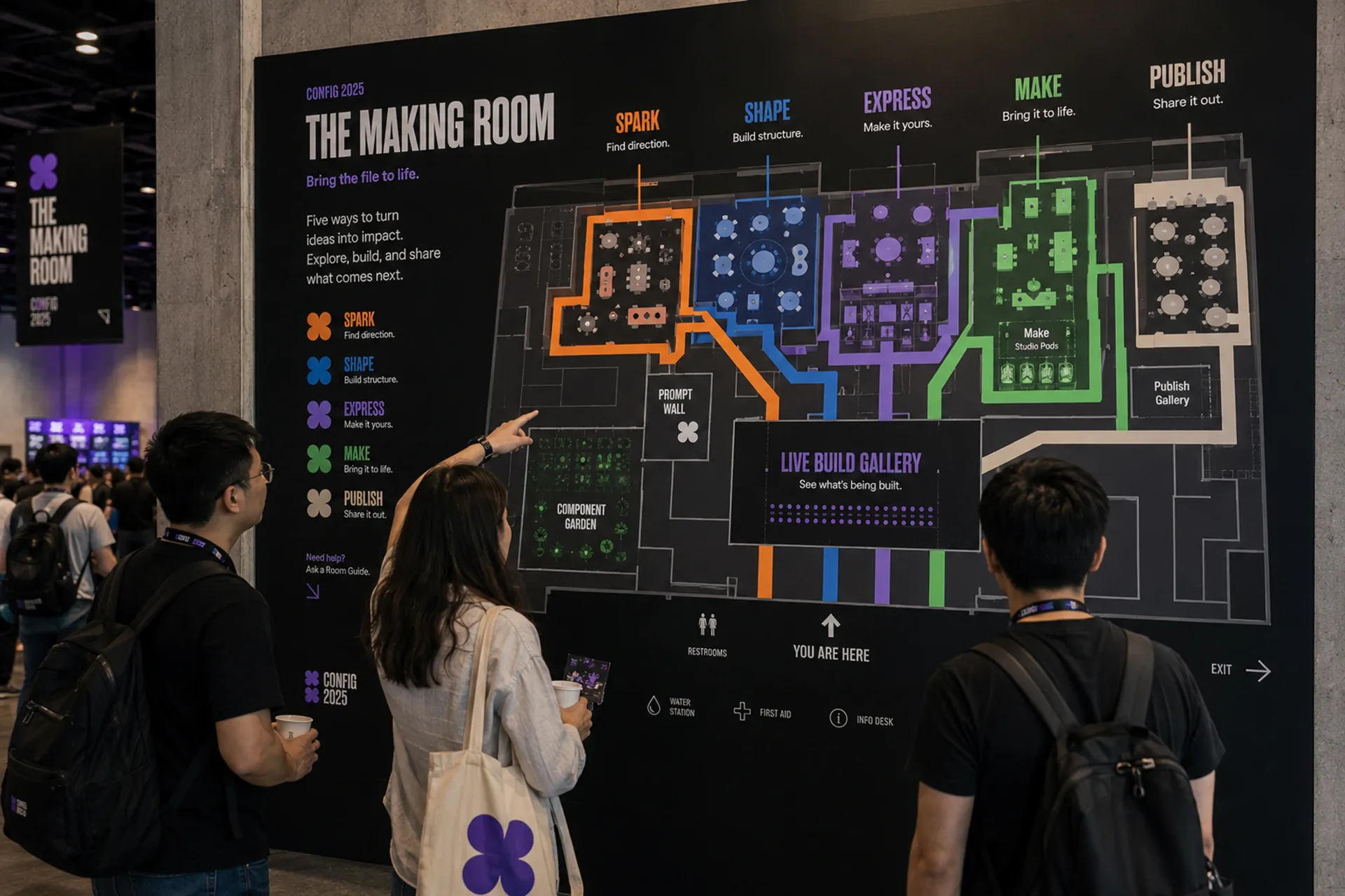 Config 2025 Making Room floorplan wall with Spark, Shape, Express, Make, and Publish zones