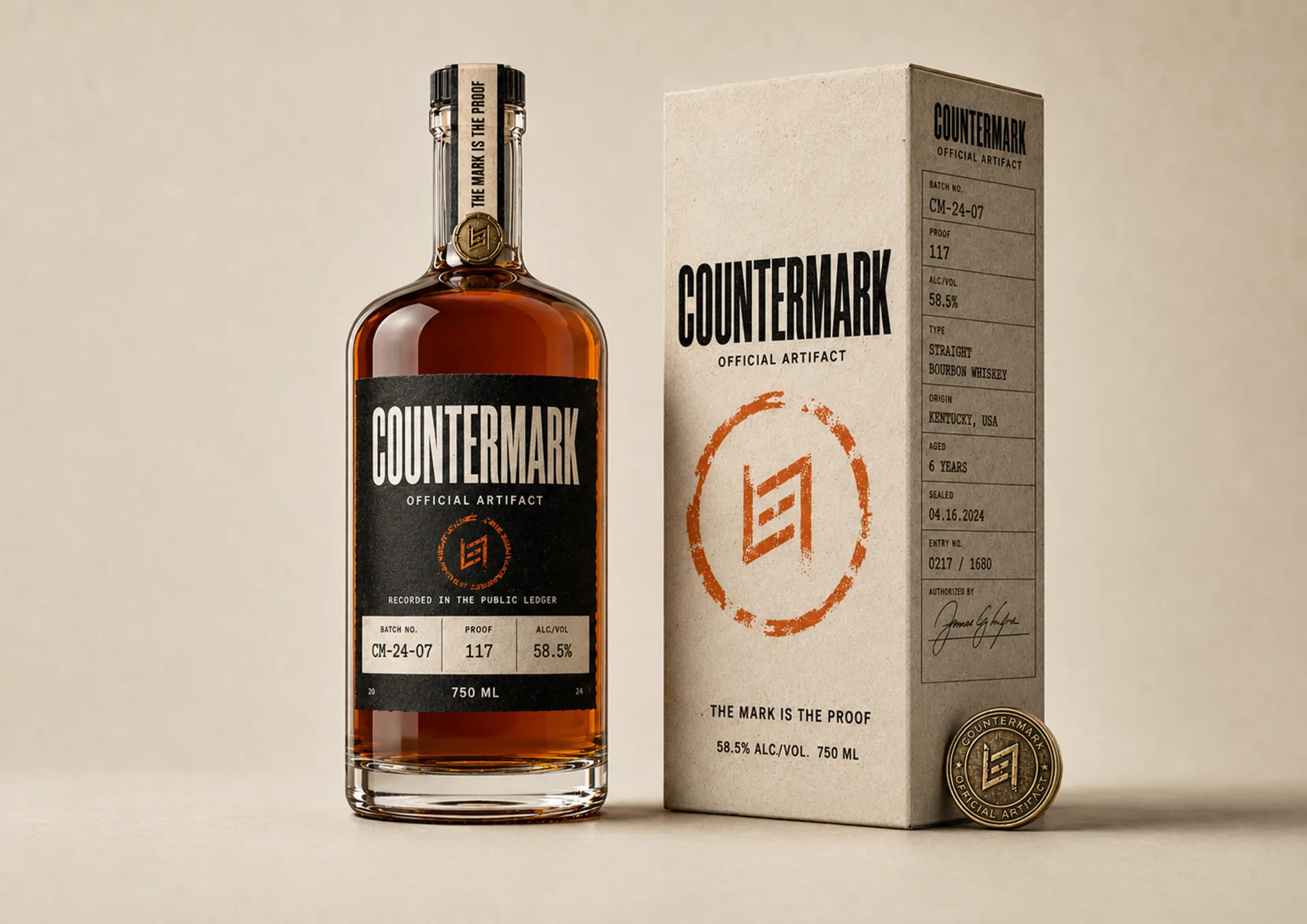 Countermark bottle, package, and seal arranged on a clean studio background