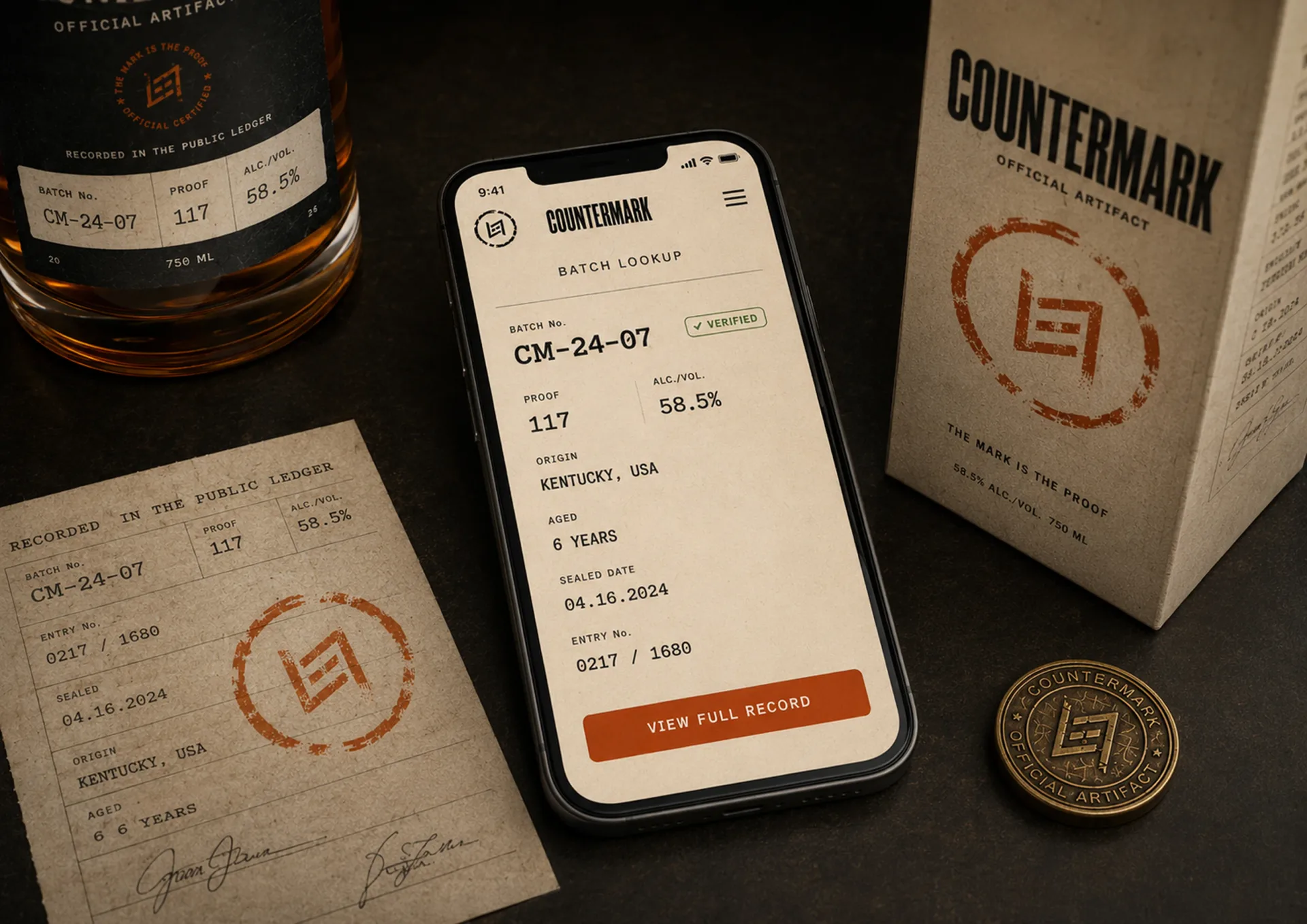 Countermark mobile verification screen beside bottle, paper ledger, package, and proof seal