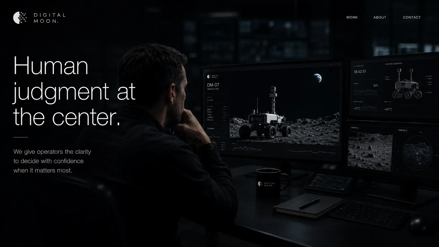 Digital Moon operator viewing rover dashboards, lunar camera feeds, telemetry graphs, and systems panels in a dark command room