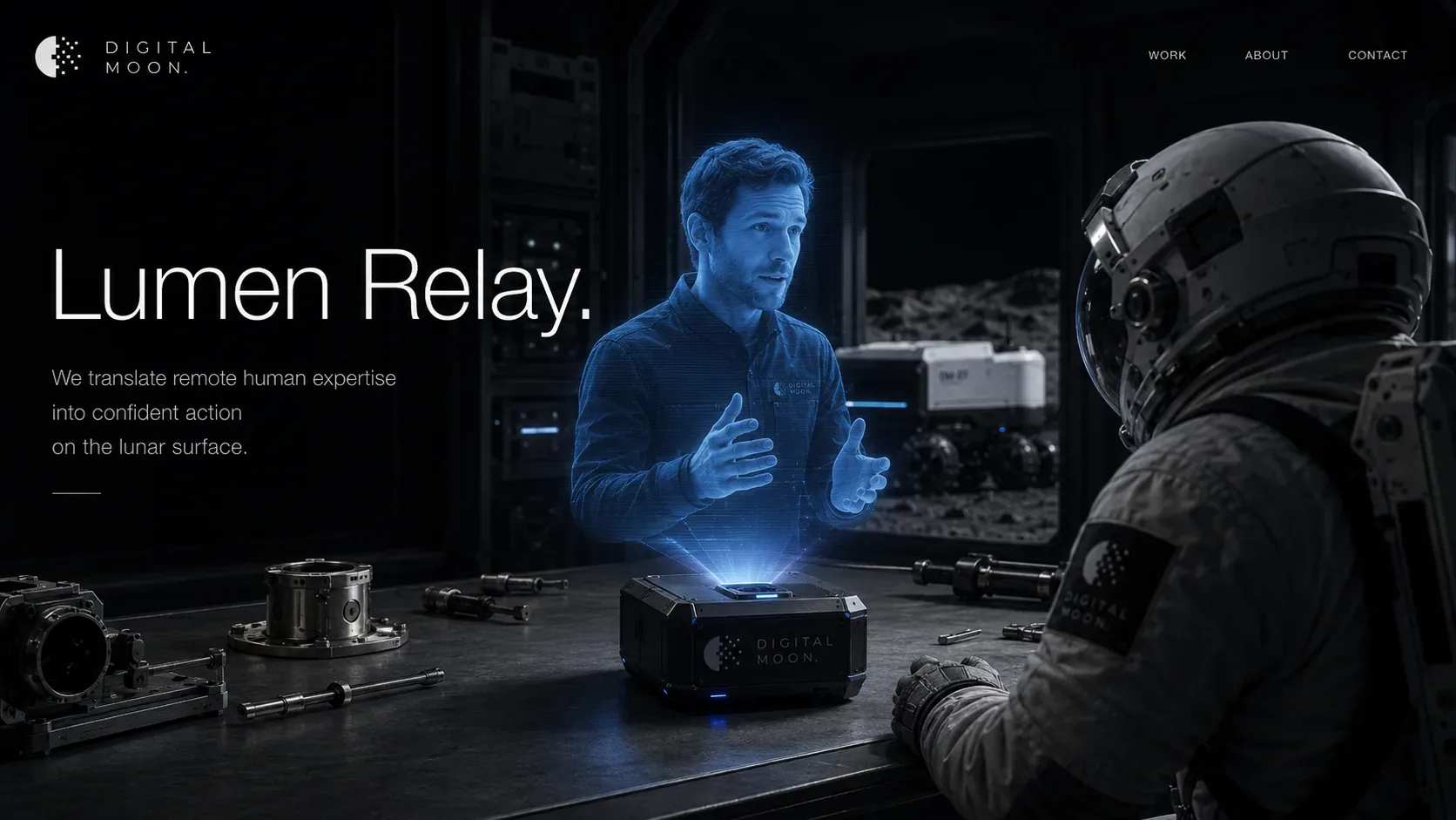 Digital Moon Lumen Relay with a blue holographic expert speaking to an astronaut at a service table