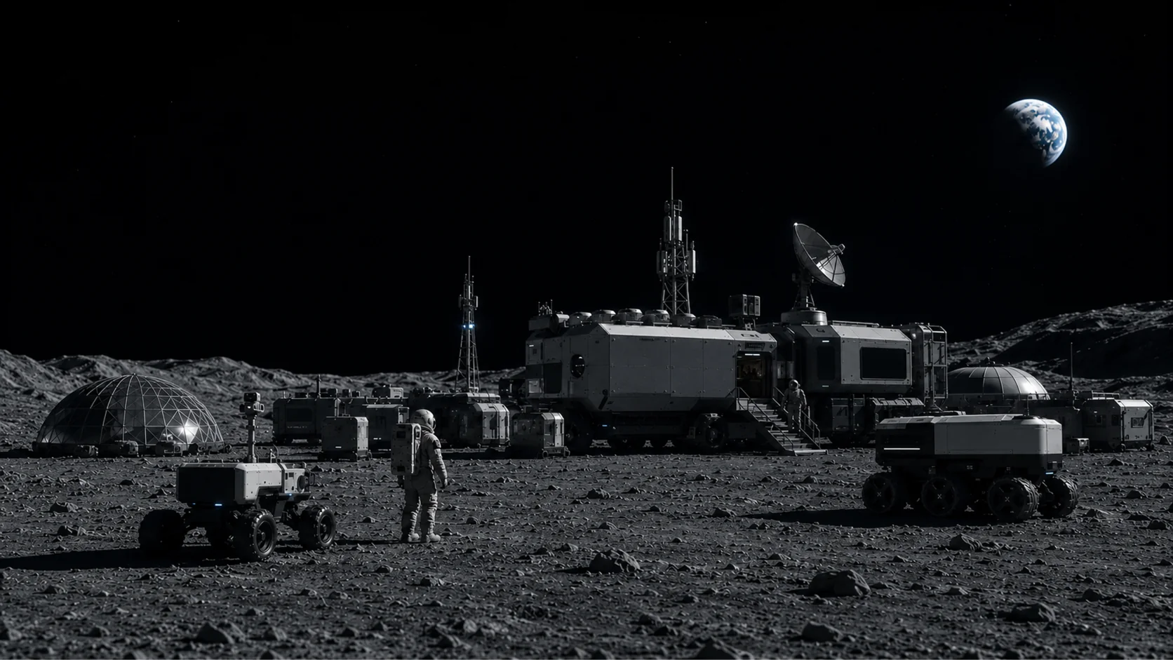 Digital Moon lunar infrastructure scene with rovers, astronauts, habitat, relay towers, and integrated robotics beyond Earth