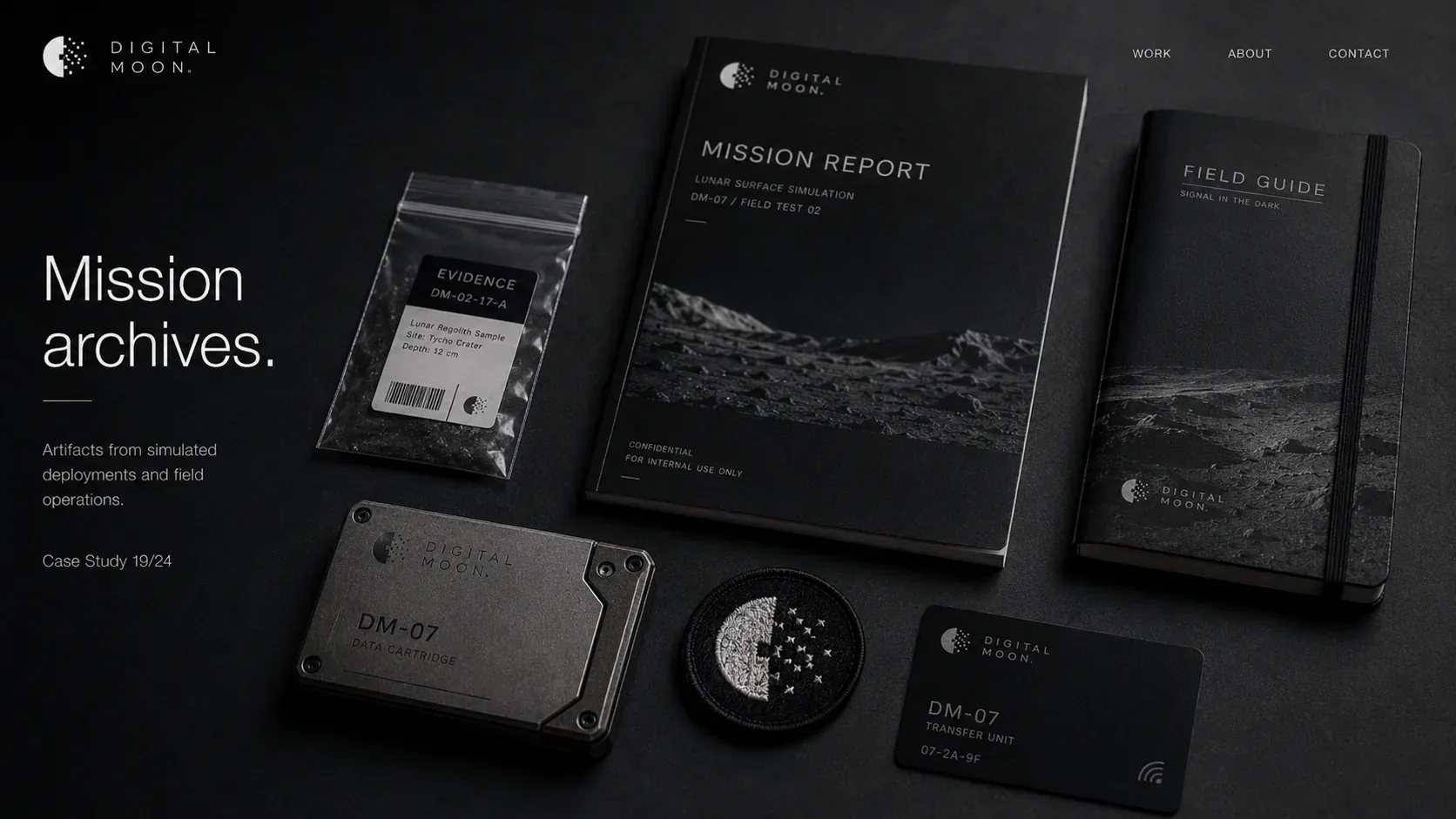 Digital Moon mission archives with evidence bag, mission report, field guide, patch, data cartridge, and access card