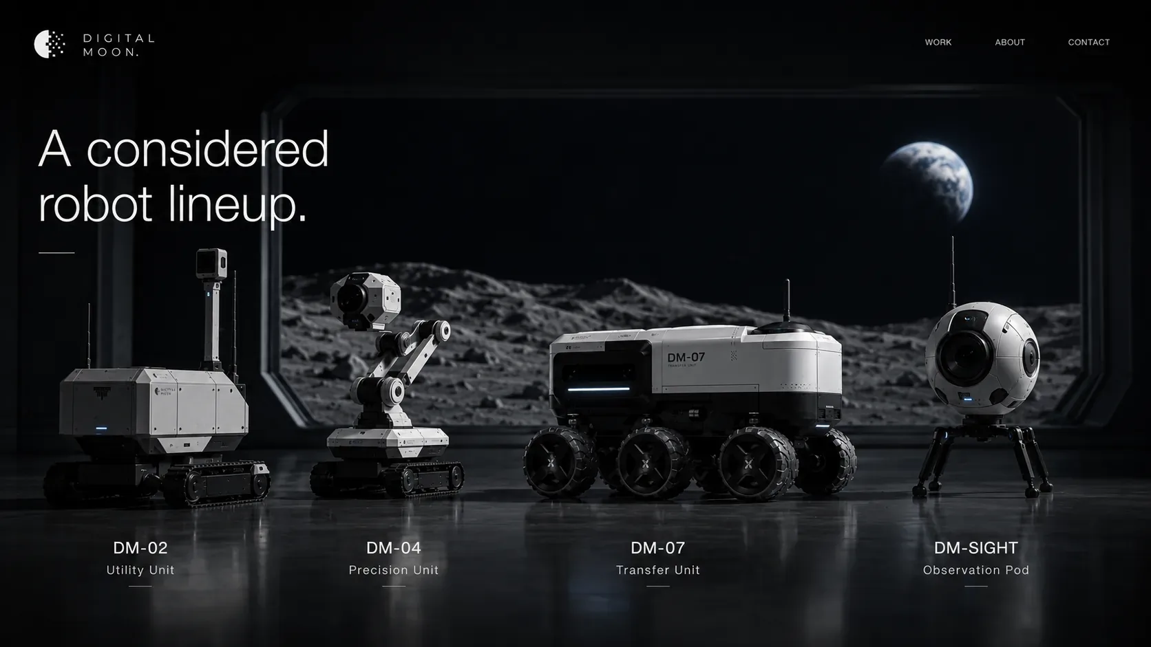 Digital Moon robot lineup showing DM-02 utility unit, DM-04 precision unit, DM-07 transfer unit, and DM-Sight observation pod