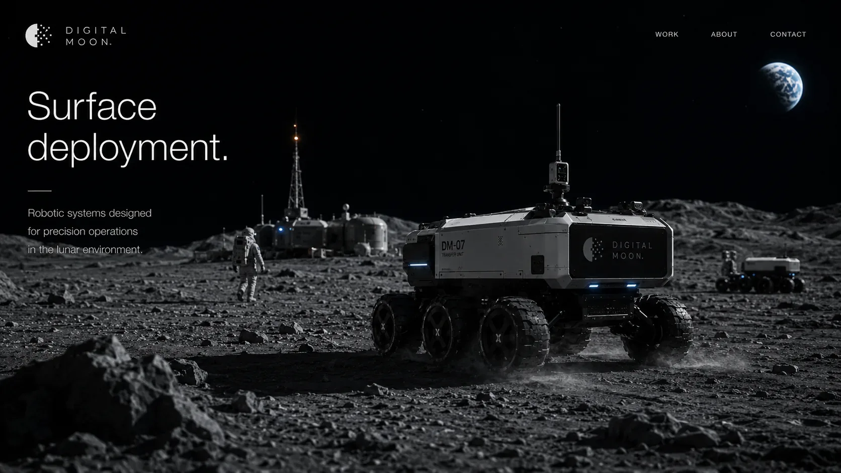 Digital Moon rover on the lunar surface with astronaut, base infrastructure, Earth in the sky, and surface deployment messaging