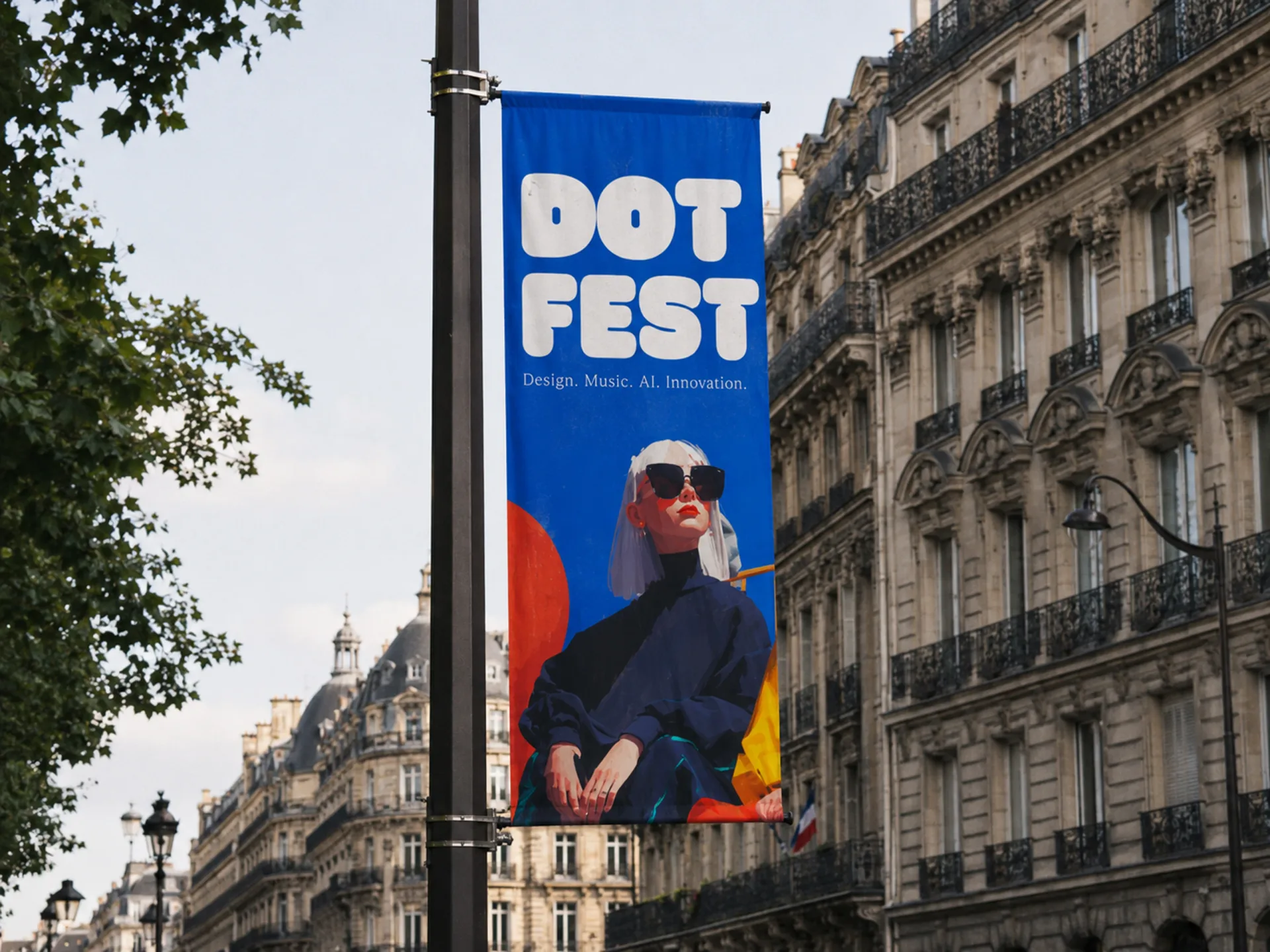 Dot Fest blue street banner hanging above a Paris avenue
