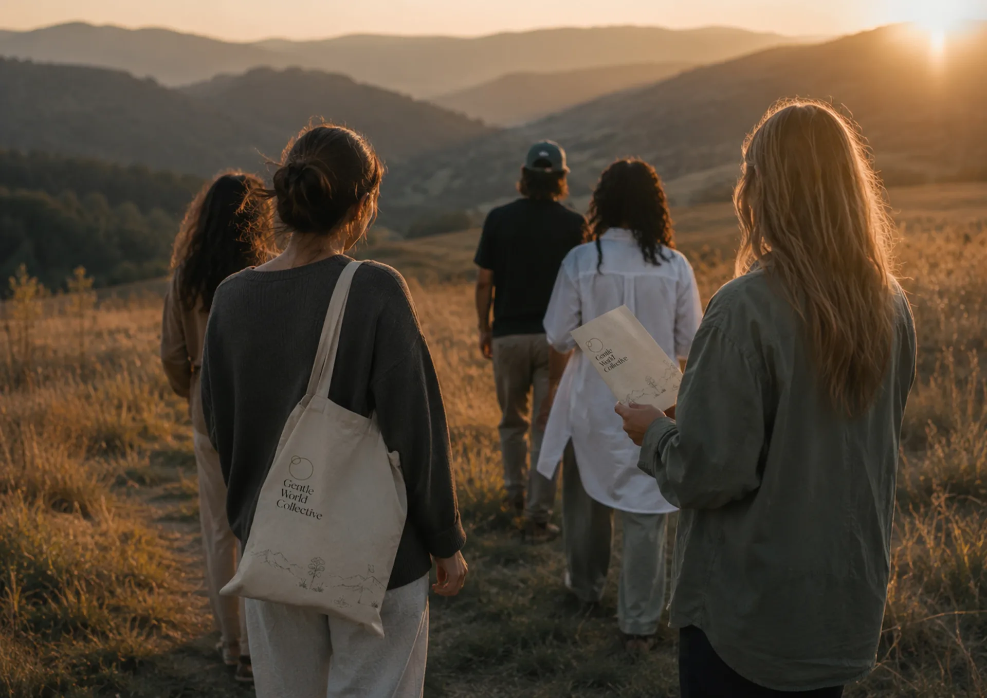 Gentle World Collective hillside walk with three people carrying a branded tote at sunset