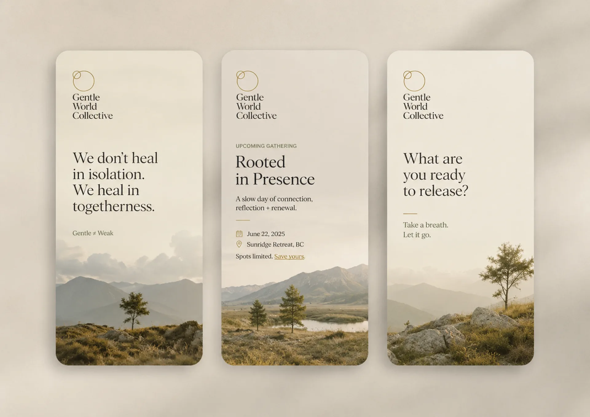 Gentle World Collective reflection card set with landscape imagery and prompt language