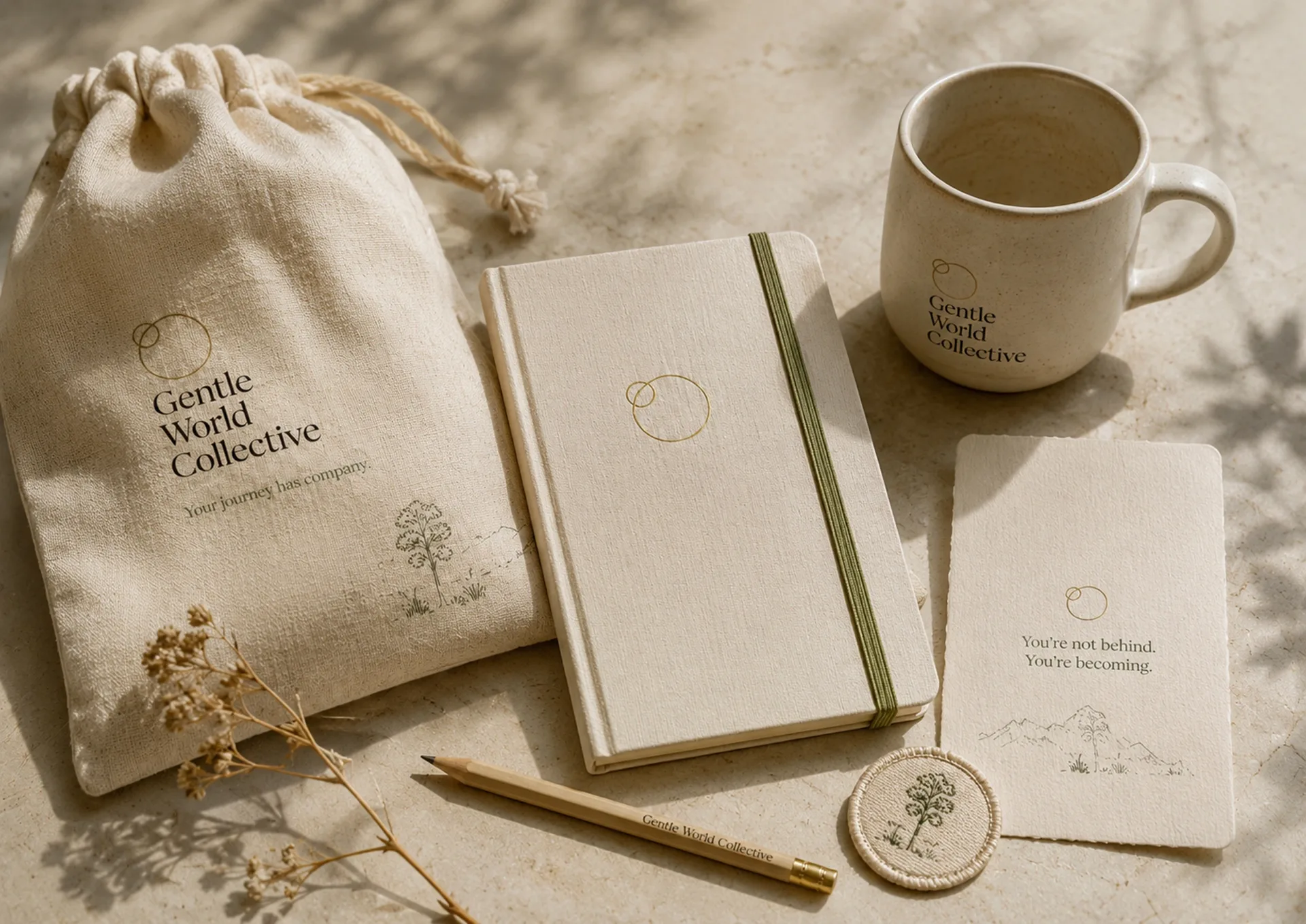 Gentle World Collective welcome object kit with drawstring bag, notebook, pencil, mug, dried flowers, and printed card