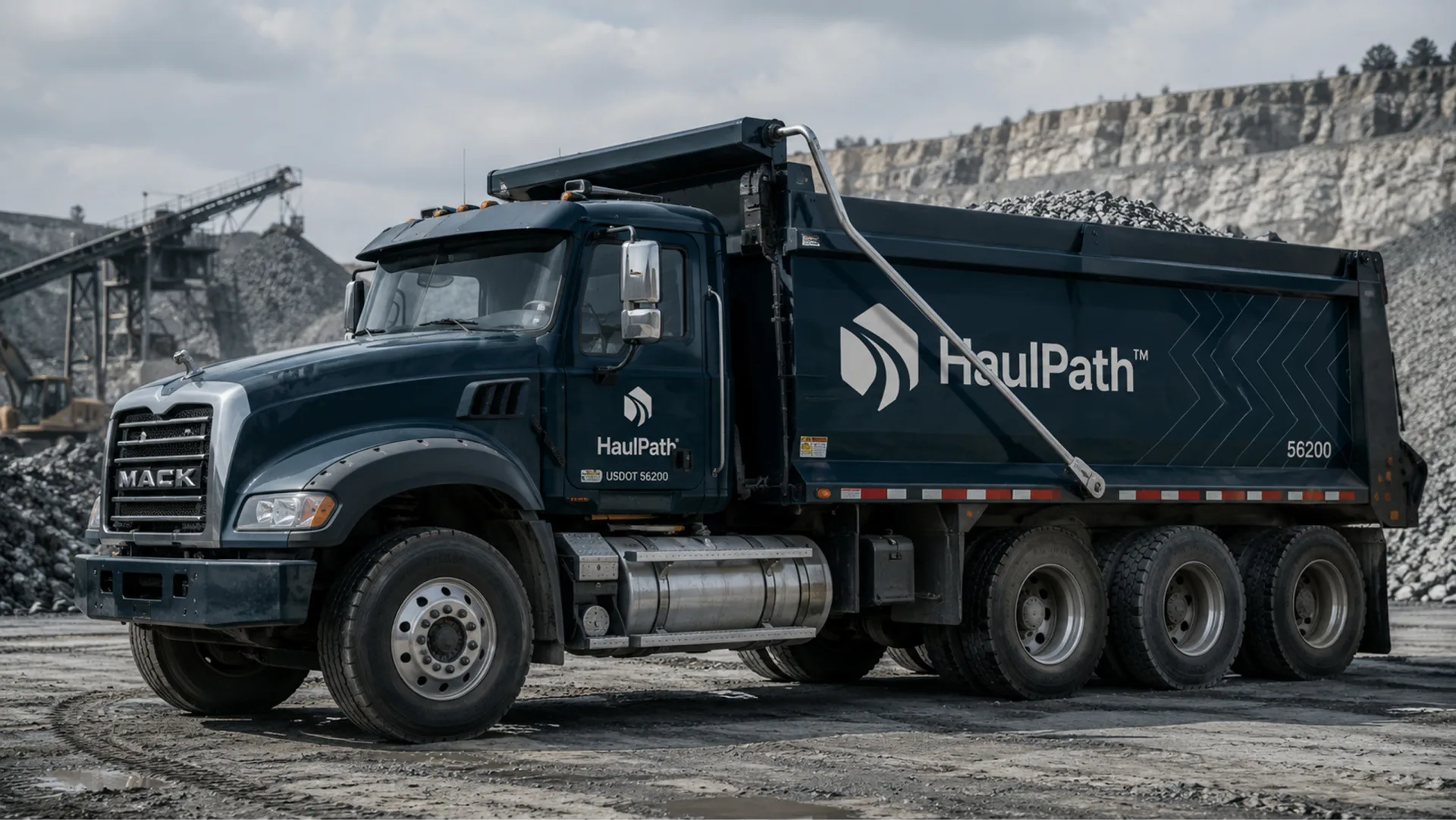 HaulPath branded dump truck in a quarry yard with the fleet mark and load ID on the truck side