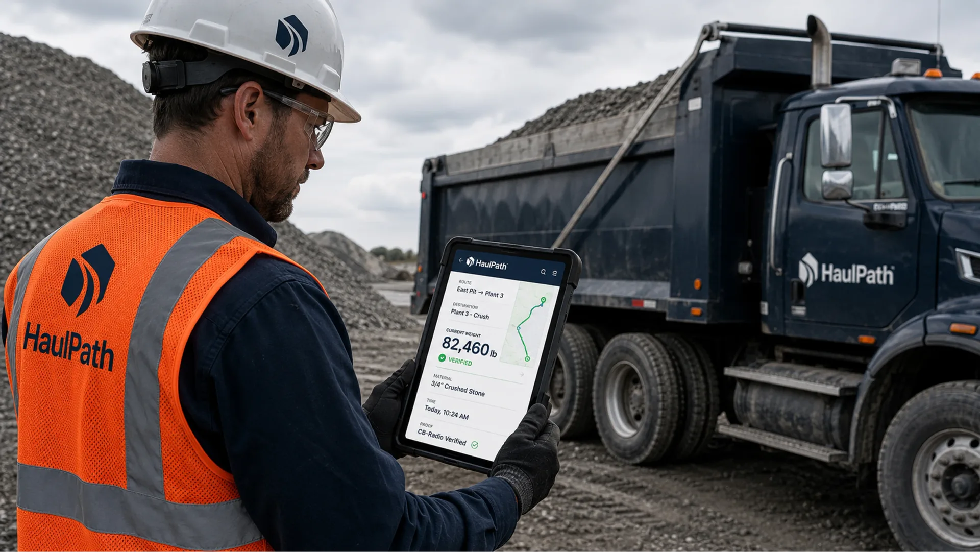 HaulPath field verification with worker holding tablet beside branded dump truck and aggregate piles