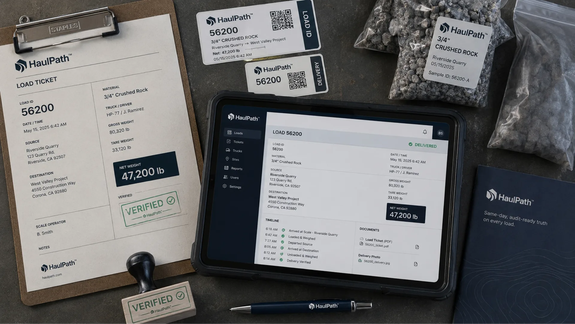 HaulPath load ticket system with printed tickets, QR labels, material samples, tablet, stamp, and field notebook
