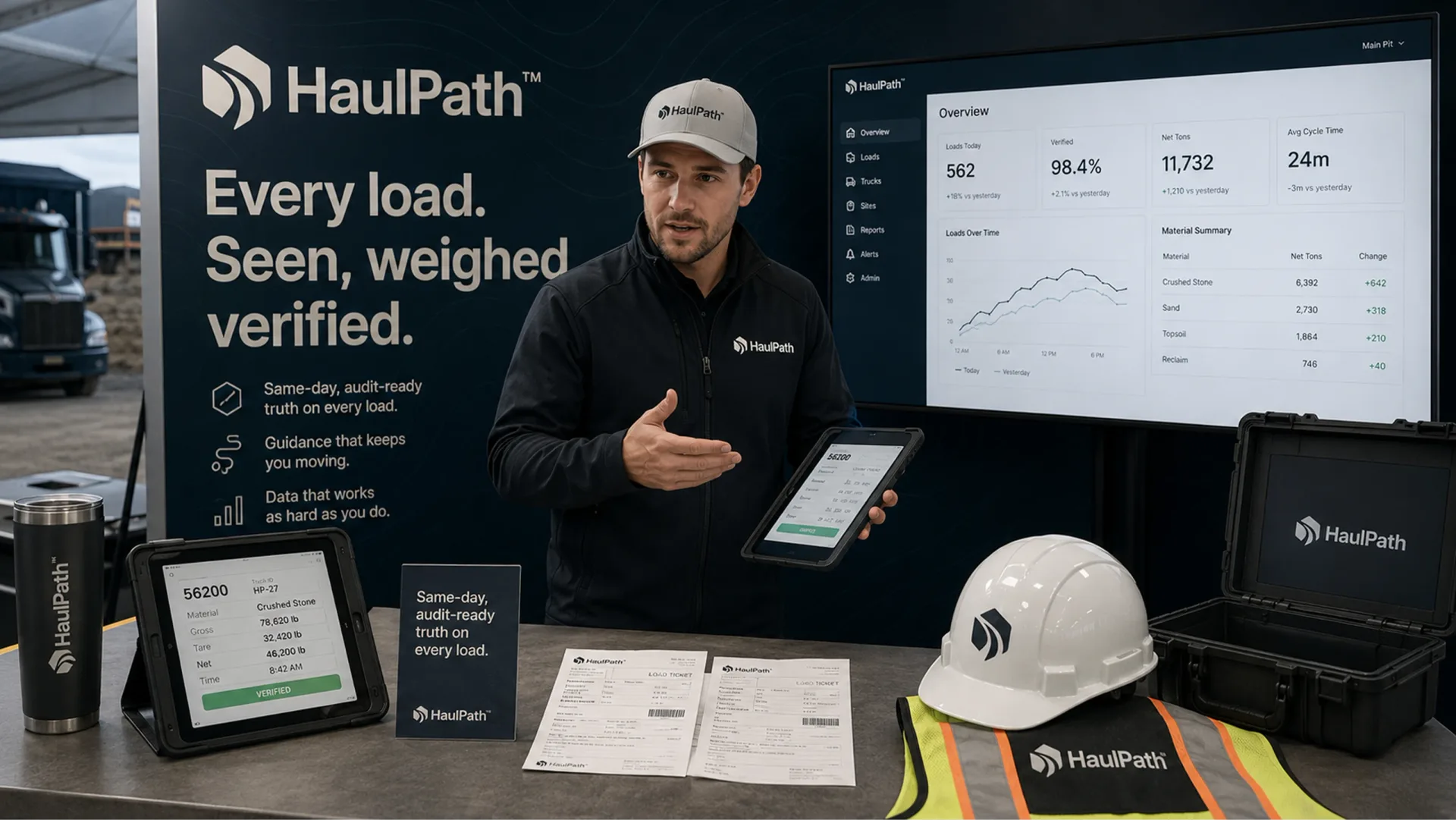 HaulPath sales demo kit with presenter, dashboard screen, tablet, branded hard hat, documents, and rugged equipment case