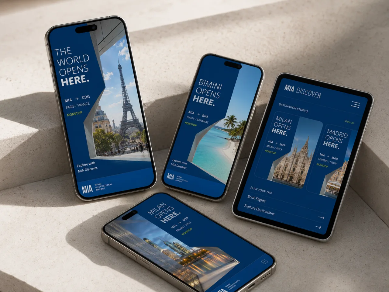 Opens Here social stories and the MIA Discover app across phones and tablet