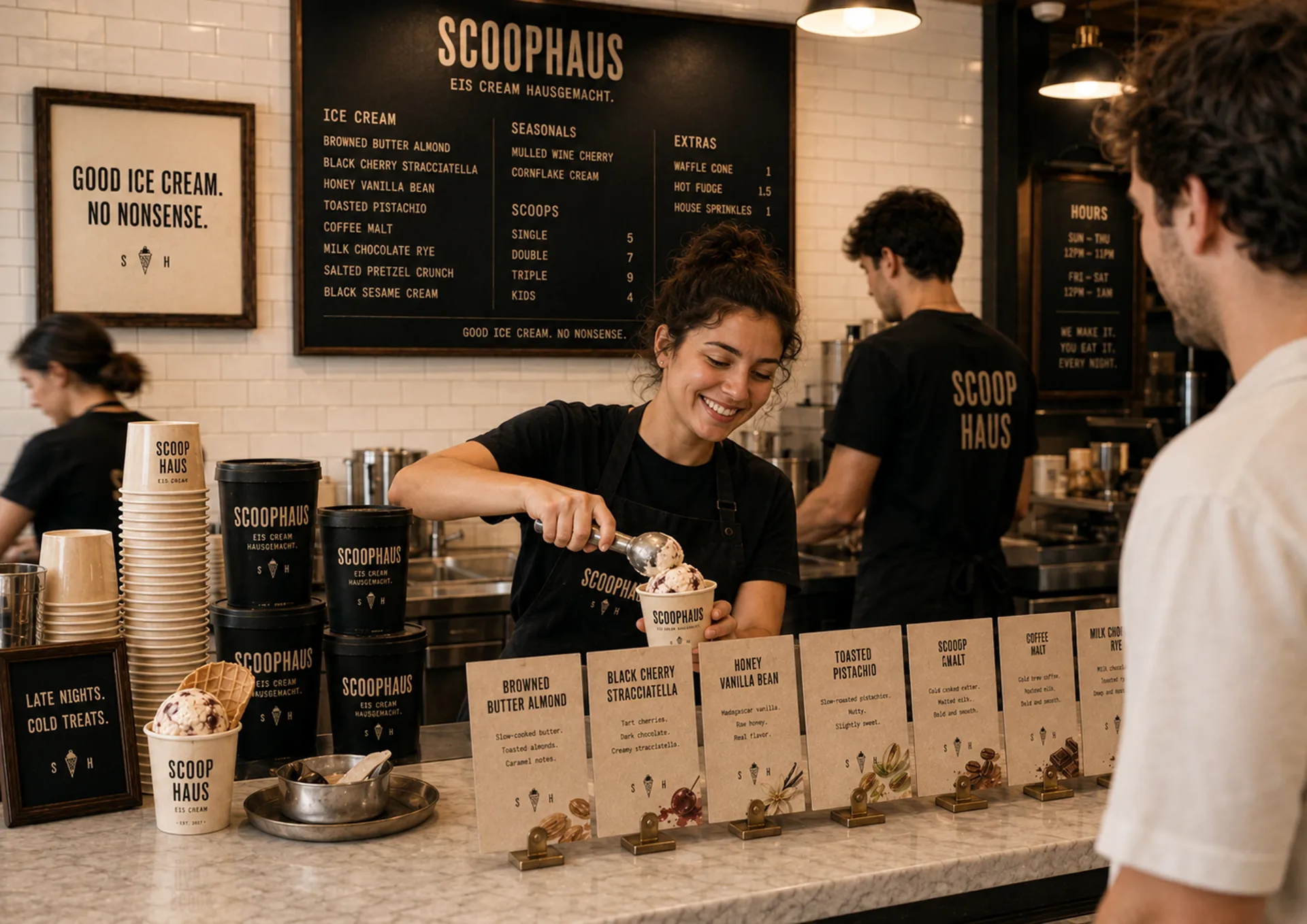 Scoophaus counter service moment with staff scooping ice cream in front of menu boards and flavor cards