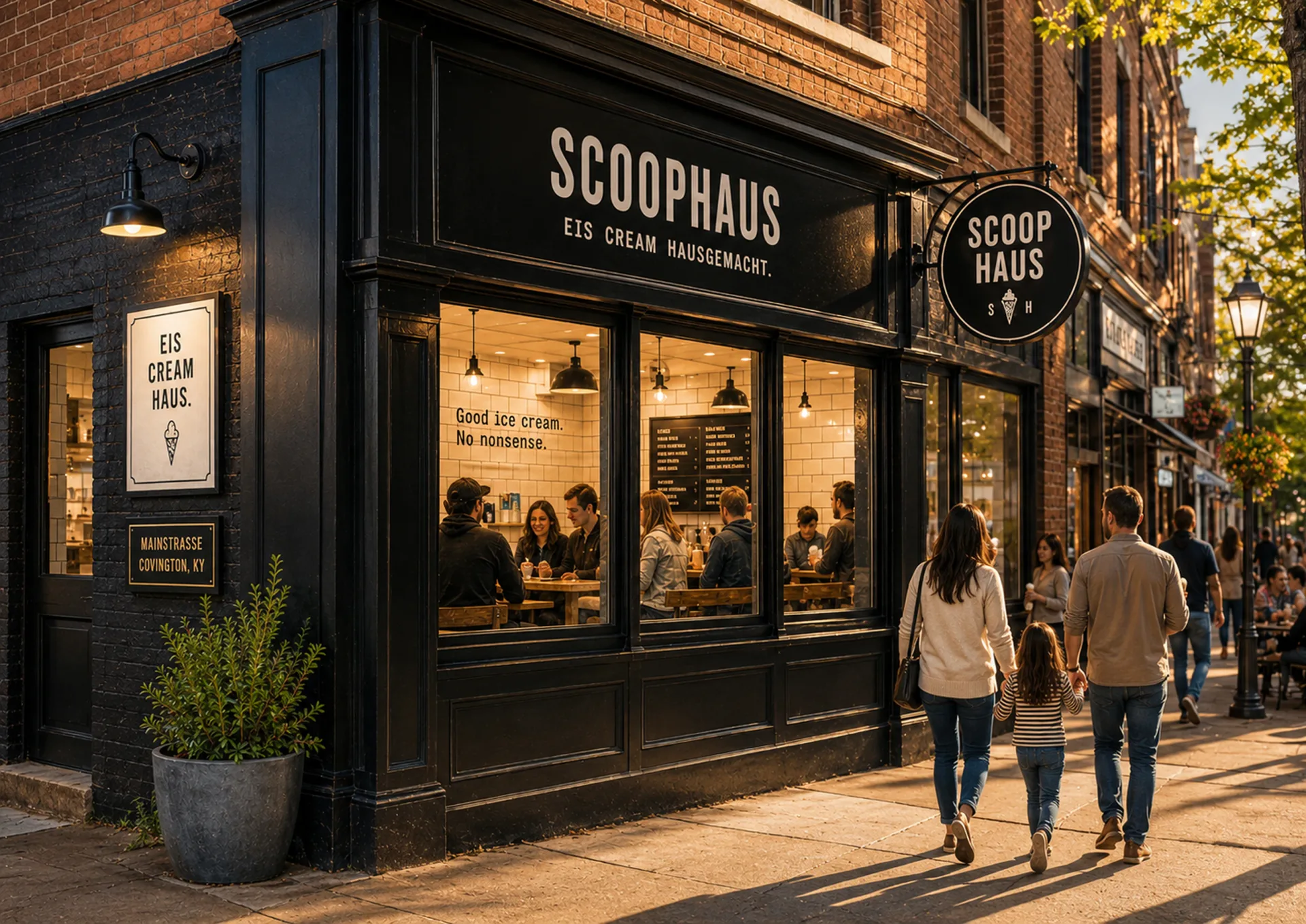 Scoophaus daytime storefront with black facade, posters, and pedestrians outside the ice cream shop