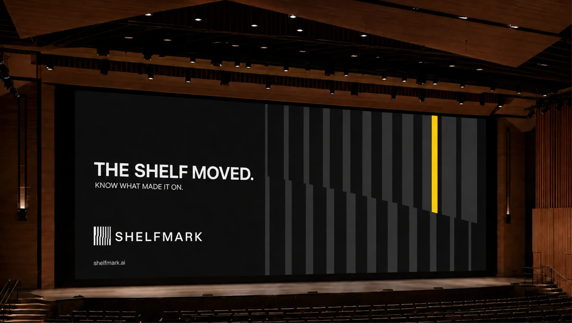 Shelfmark stage screen with the headline The shelf moved, Know what made it on, and a large vertical signal pattern