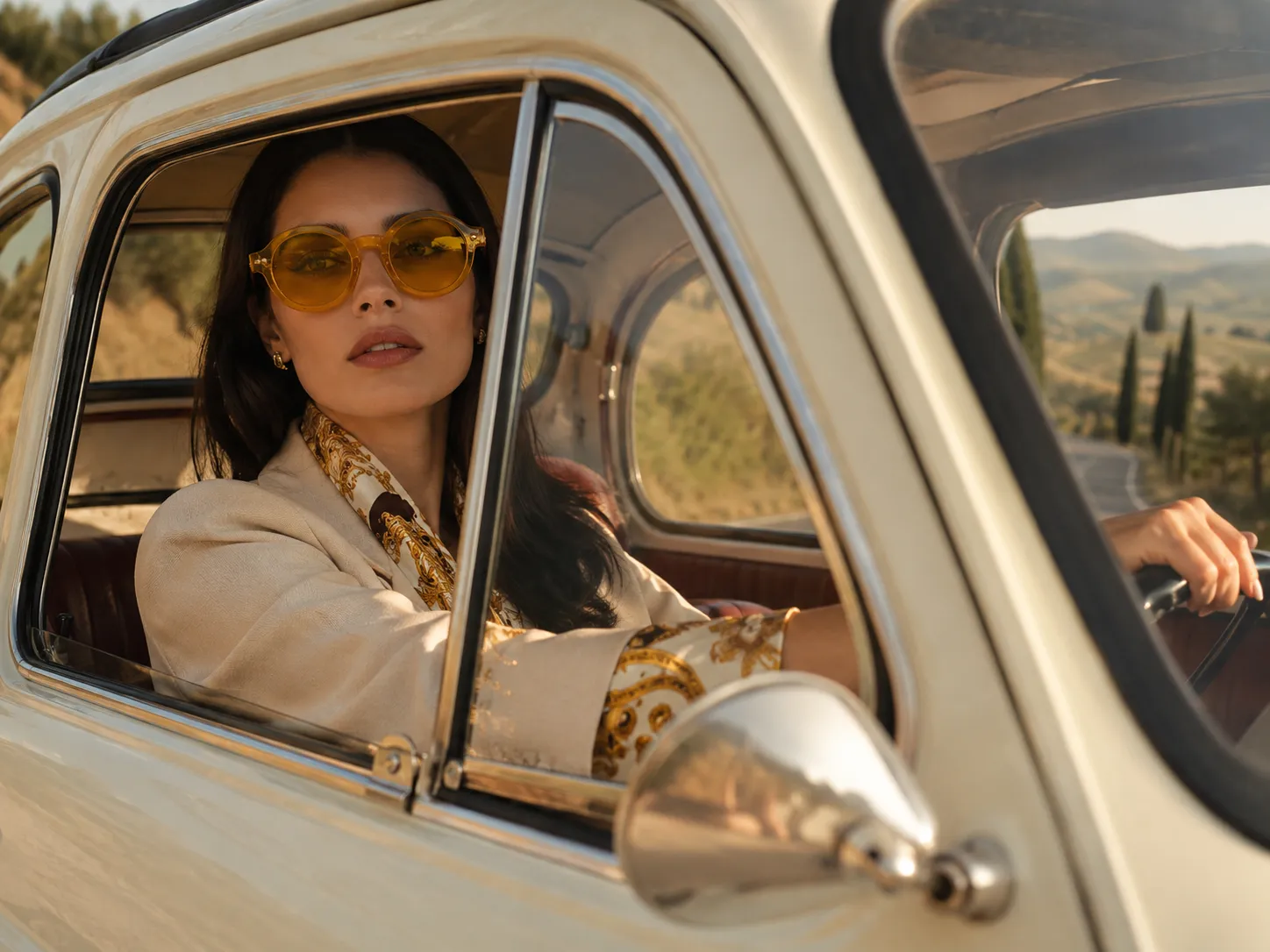 SR GEORGE campaign image with talent in a vintage car