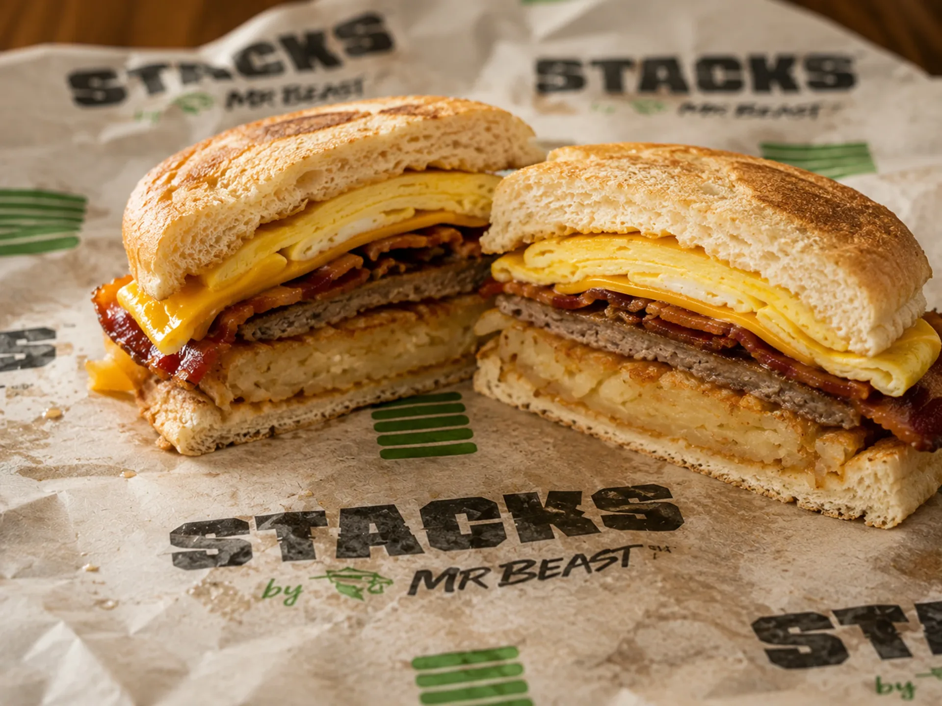 Stacks by MrBeast breakfast sandwich cut in half on branded wrap paper