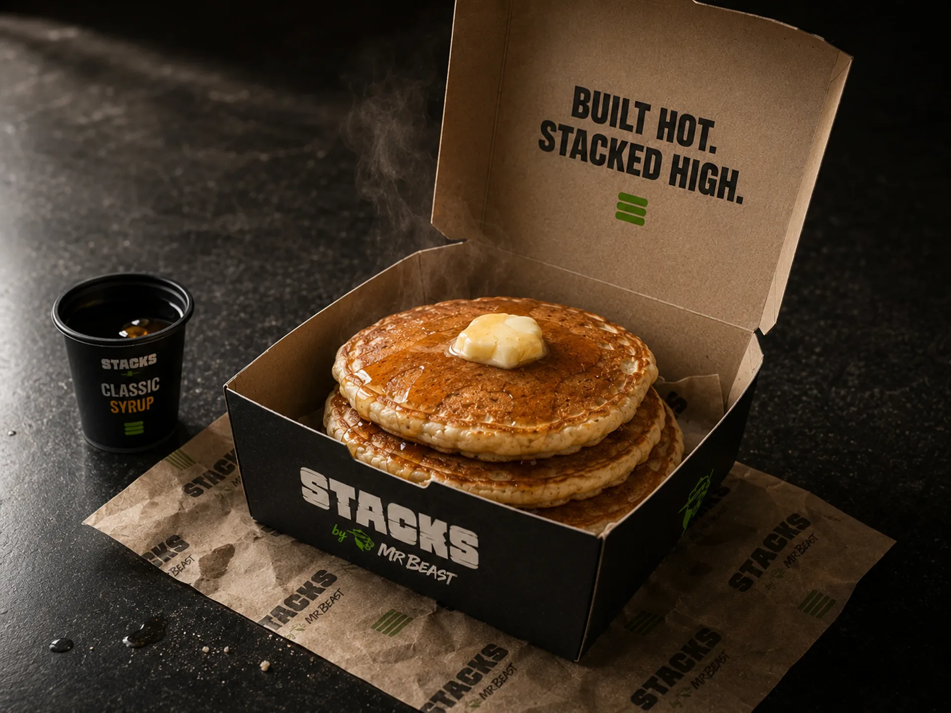Stacks by MrBeast pancake stack in a black branded box with syrup, coffee cup, and built hot stacked high lid copy