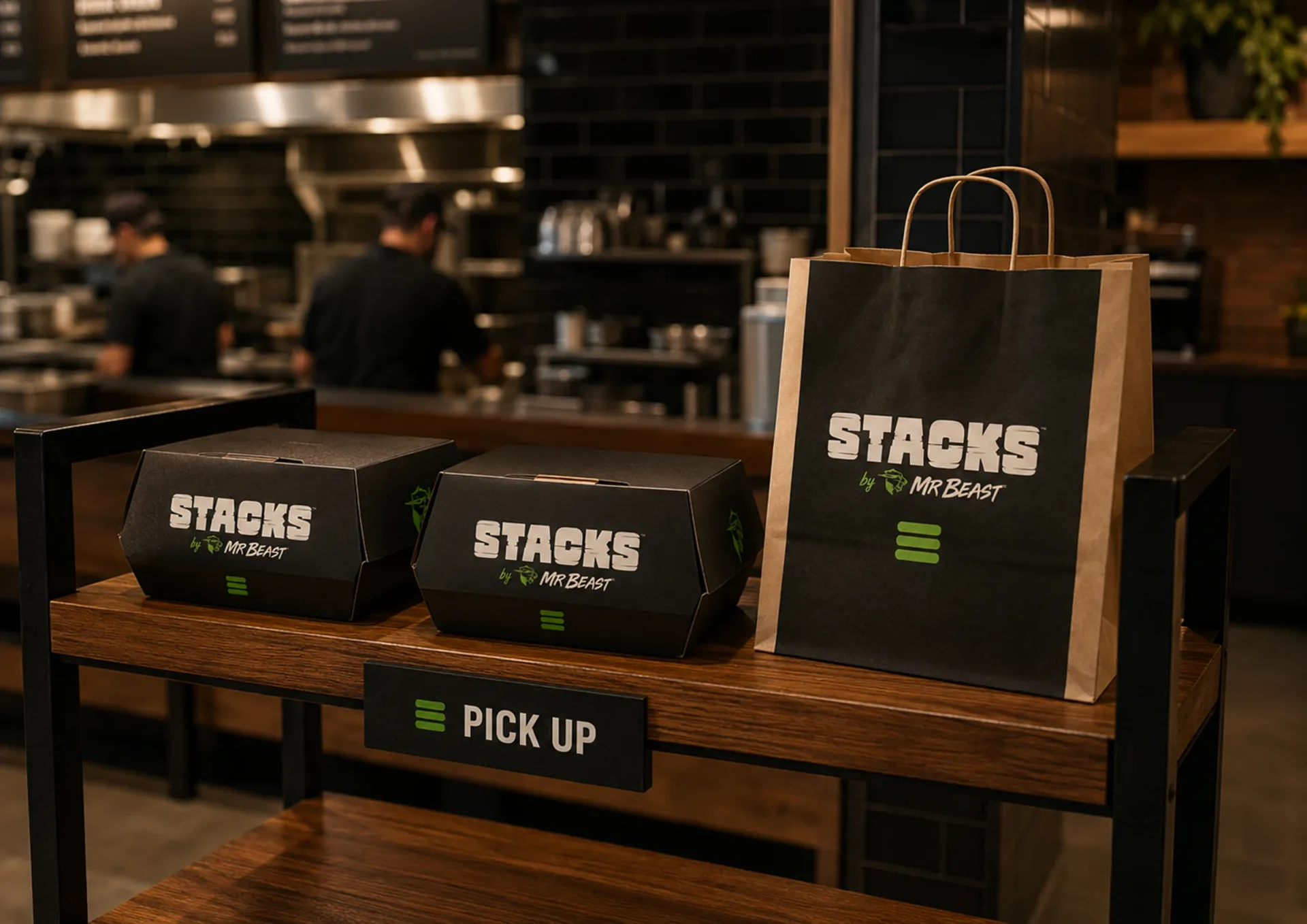 Stacks pickup counter display with black takeout boxes and kraft bag in a restaurant interior