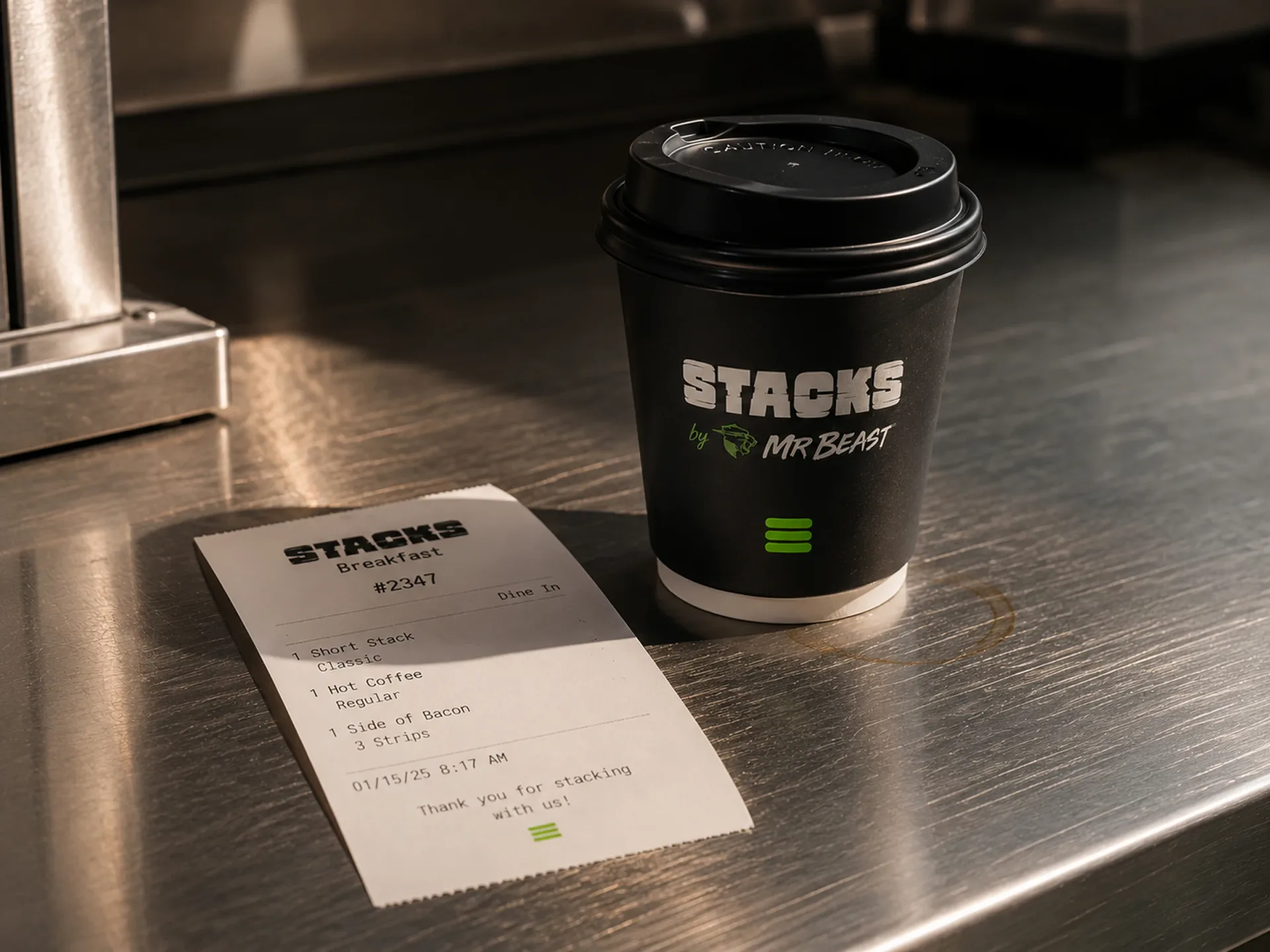 Stacks coffee cup and printed receipt on a stainless counter