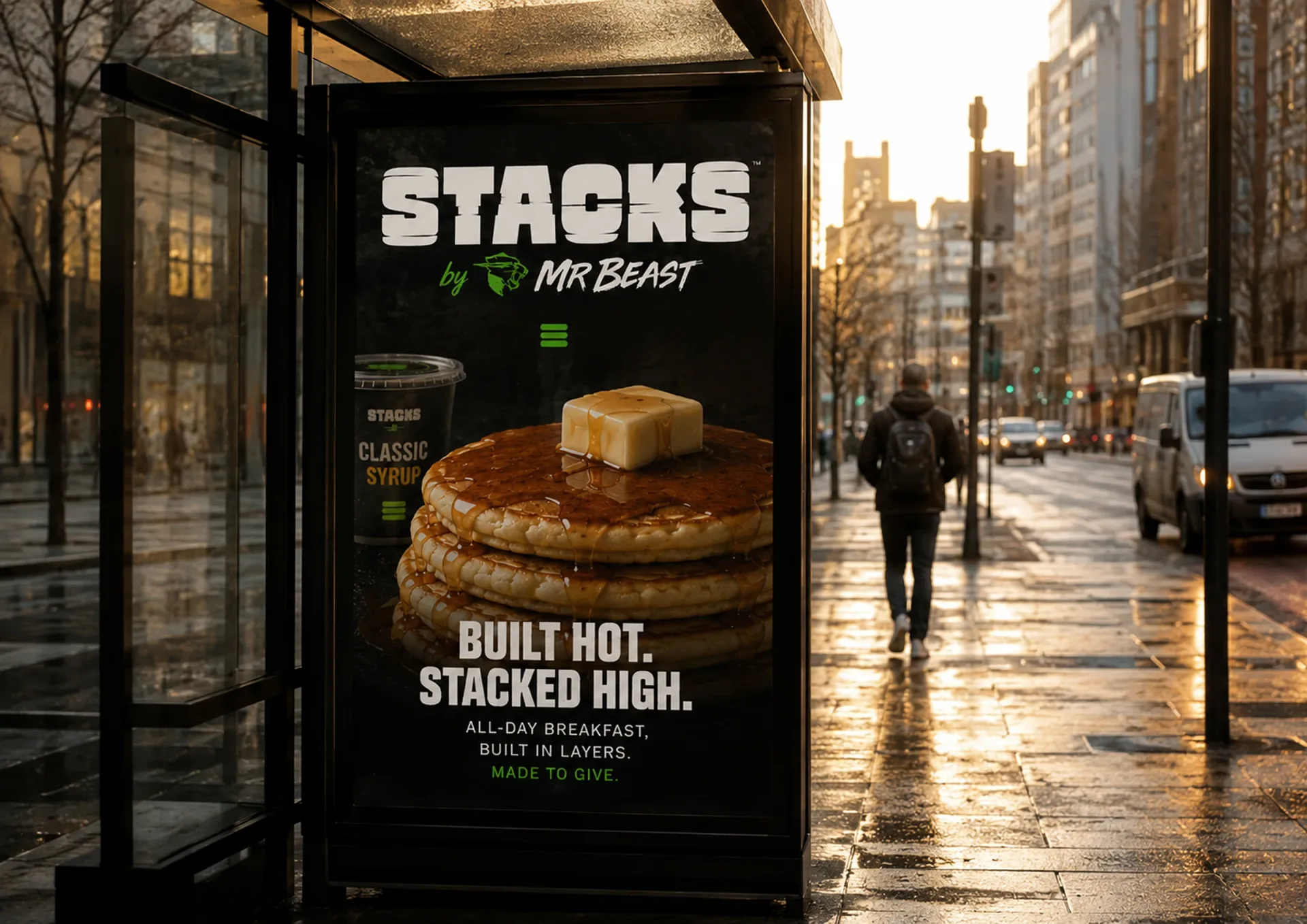 Stacks street poster at a rainy transit stop with pancake photography and built hot stacked high campaign copy