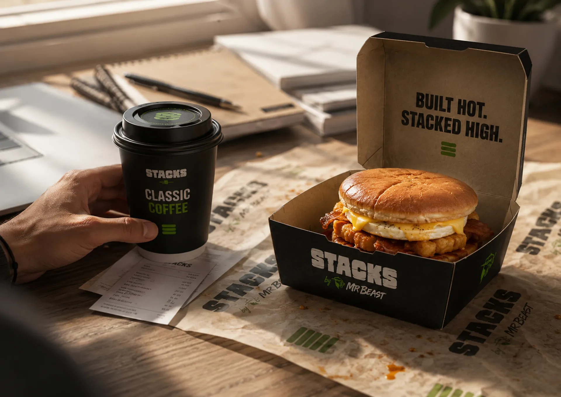Stacks breakfast sandwich box, coffee cup, and receipt arranged on a sunlit table