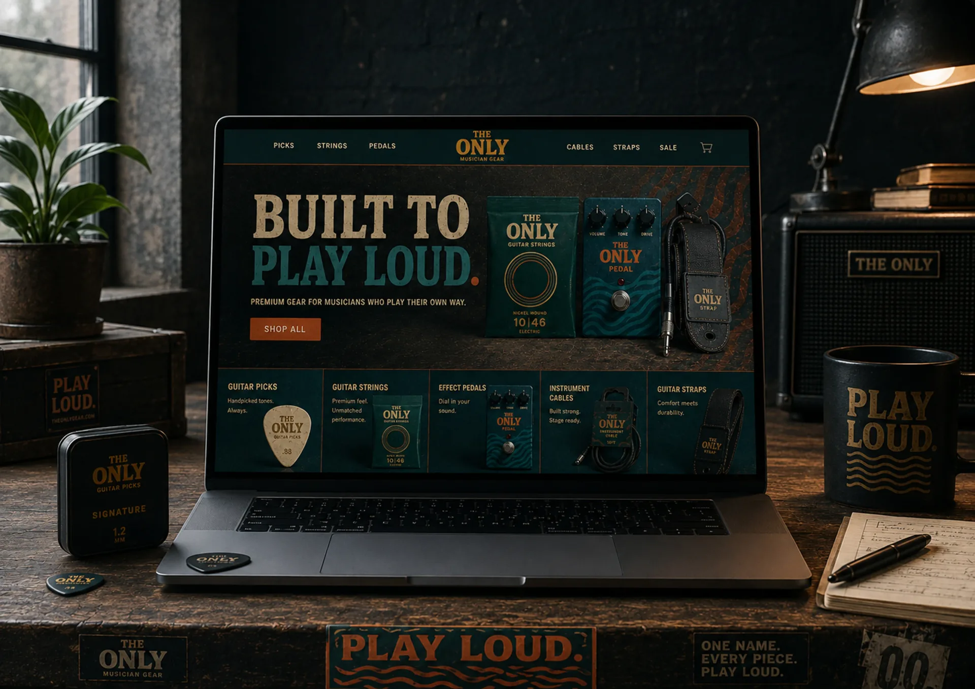 The Only musician gear ecommerce home page on a laptop surrounded by picks, mug, notebook, and amplifier